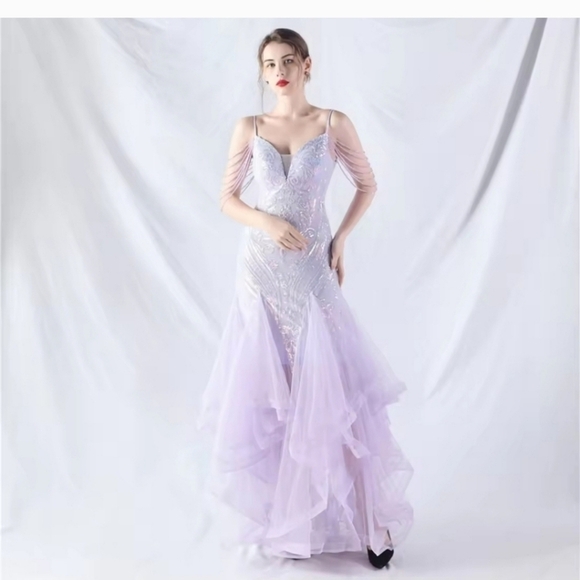 Purple, Abstract Print, Beaded Draped Sleeves,  Backless,  Sequined Mermaid Gown - Picture 5 of 14